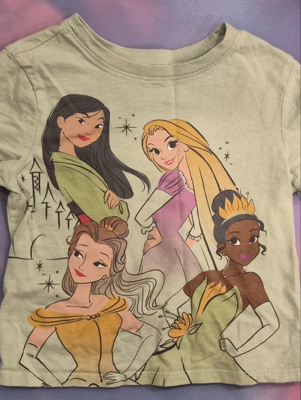 Disney Light Green Princess Graphic Tee with Multicolor Characters